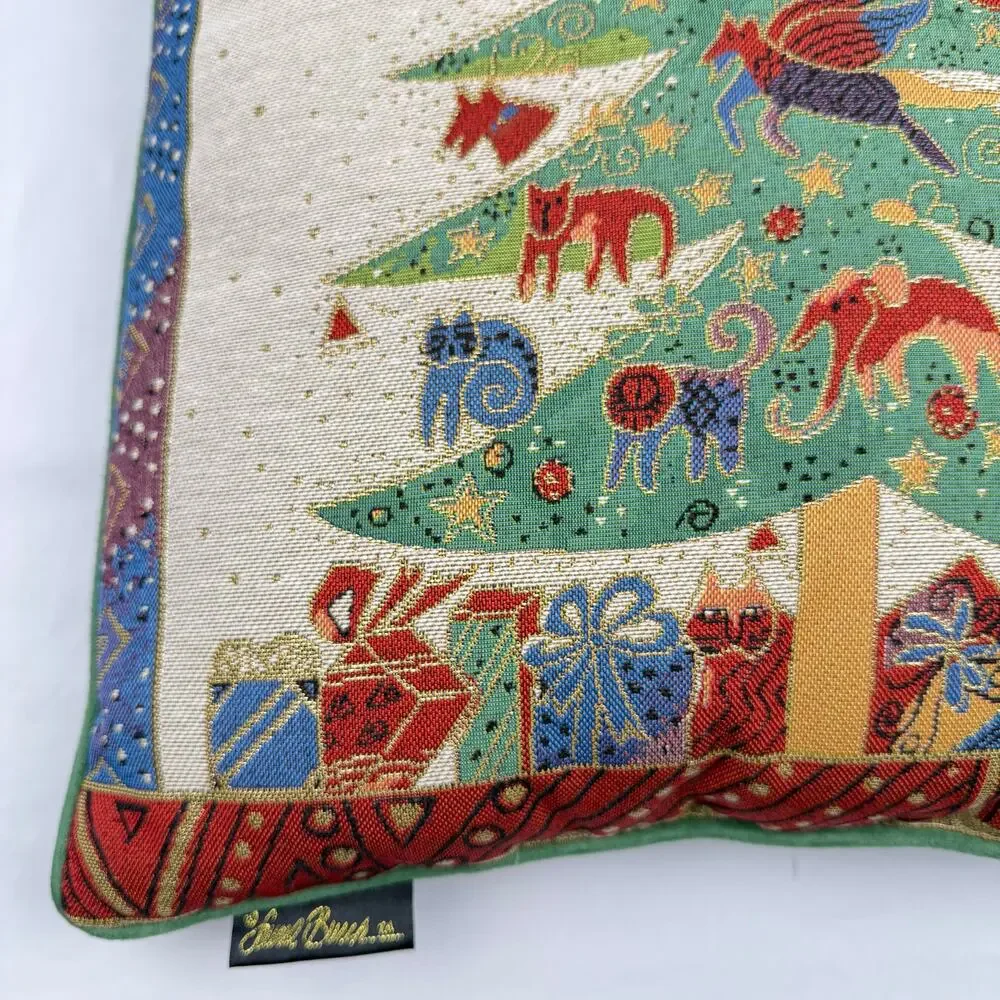 Vintage Laurel Burch Christmas Tree Tapestry Pillow Holiday Folk Art 18x18 90s